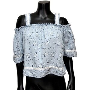 Sadie & Love Blue Floral Off Shoulder Top Boho Lace Trim Peasant Blouse Festival